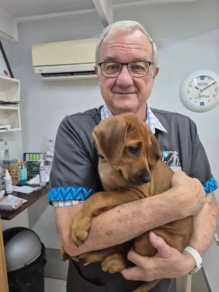 Dr Chris holding Ruby, a ridgeback puppy